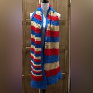 Handmade Crocheted Red Blue Tan Scarf.